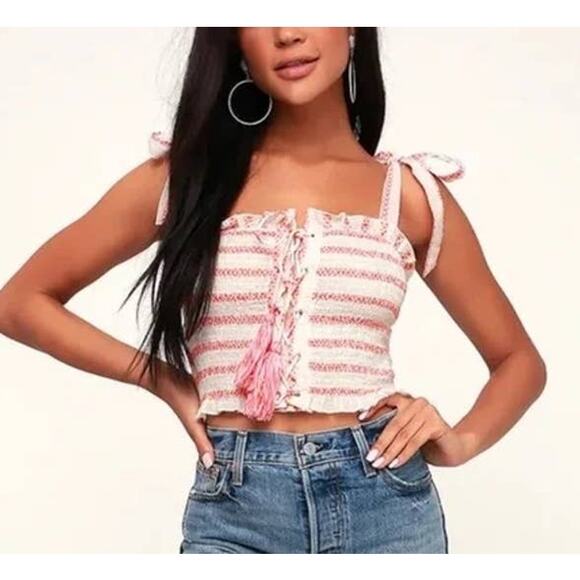 Free People white & red striped lace-up-front crop tank top size S - Picture 1 of 9